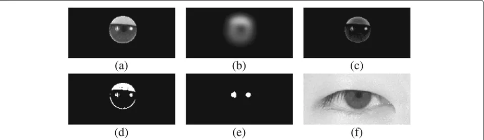 Fig. 4 Specular reflections removal. Iris boundary mask applied to the eye sub-image (a), Gaussian filtering (b), Gaussian difference (c), specularreflections thresholding (d), blobs corresponding to specular reflections (e) and eye after specular reflections removal (f)