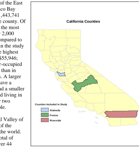 Table 1 below provides some key details about the three counties included in this study as well  as data for the state of California as a whole