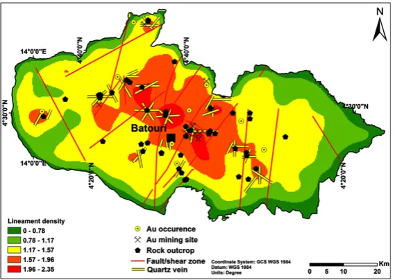 Figure 12. Correlation between lineament density, faults/shear zone, gold oc-currence, lode and outcrops
