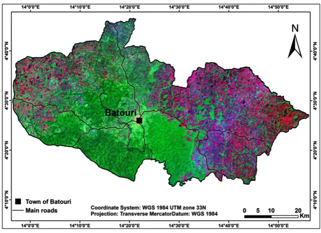 Figure 5. Landsat 8 OLI 542 (RGB) false color composite of study area. The purple color represents dry soils in savanna and green color for moist soils under the forest