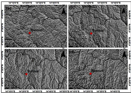 Figure 8. Hillshade images with varying sun azimuth and angle used to enhance structural determination of lineaments in the area