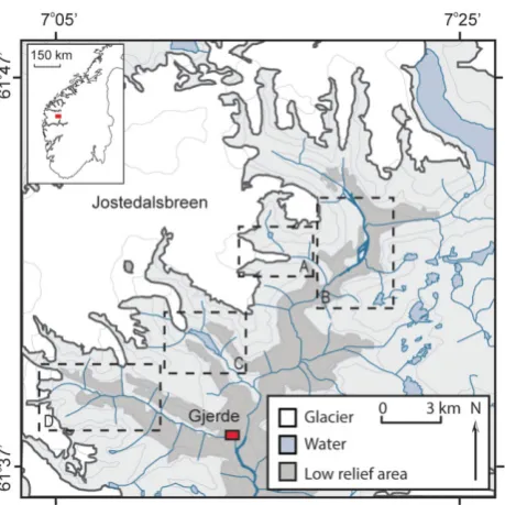 Fig. 1. Map of the Jostedalen region of southern Norway with studyCsites highlighted: A = Fåbergstølsdalen; B = Fåbergstølsgrandane; = Nigardsdalen; D = Bergsetdalen