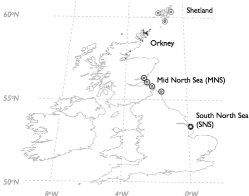 Figure 2: Haulout sites where faecal sampling was carried out. Abbreviations: SNS southern North Sea, MNS mid North Sea