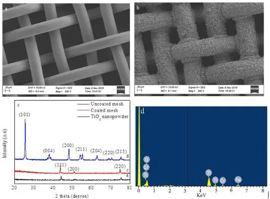 Figure 5. (a) XRD patterns of unmodified and modified mesh and synthesized TiO2 nano-sheets