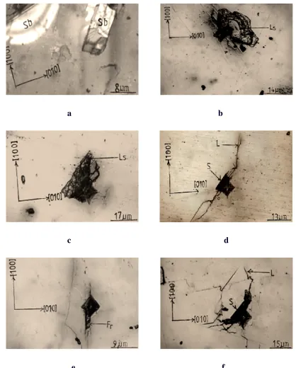 Fig. 1 (a-p). Photomicrographs of cracks in Calcite. a. Calcite in Air under-10gm load: Subsurface cracking (Sb): b