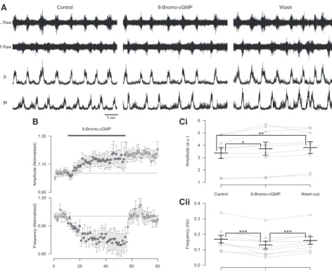 Fig. 3. The cGMP analog 8-bromo-cGMP mimics the effects of DEA/NO on the frequency and amplitude of locomotor-related activity
