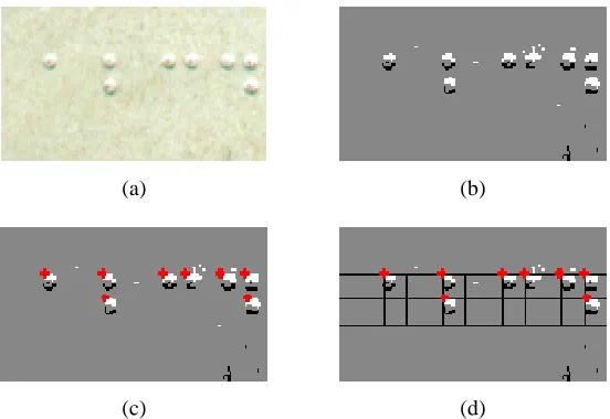 Fig. 4. (a) Part of a scanned Braille document. (b) Result of pre-processing. (c) Result of initial dot location