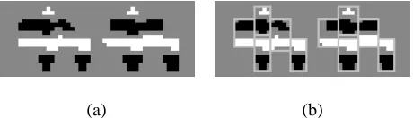 Fig. 3. (a) Example of merged components from depressions and protrusions, (b) with the corresponding dots (depressions/protrusions) outlined