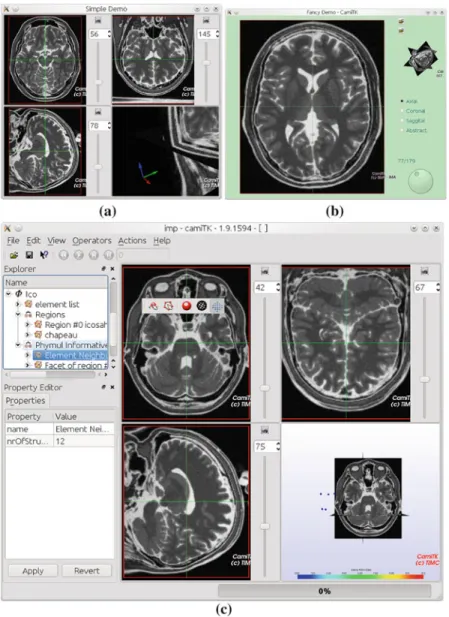 Fig. 9 Three examples of CamiTK MainWindow extension. a simple. b fancy. c imp