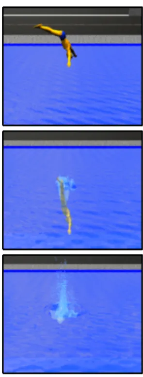 Figure 3: A diver entering pool: These images show the combined use of an articulated model, a  de-formable model, and a particle system