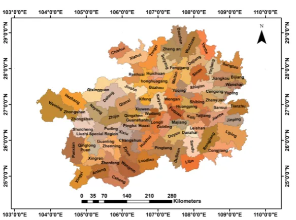 Figure 1. Case study area: Guizhou is composed of 88 cities, districts and special zones