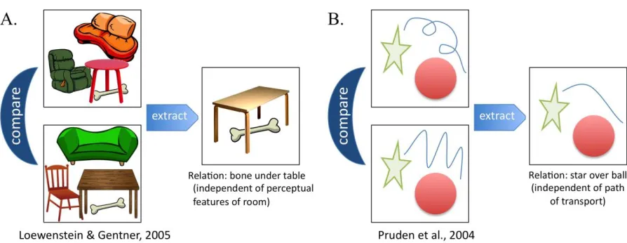 Figure 2. (A) In Loewenstein & Gentner’s (2005) experiments, children compared different model rooms with similar relations to extract the spatial relation of the bone under the table