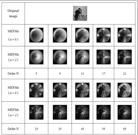 Fig. 9 Gray-level image cameraman are reconstructed in parameters (α = 0 and α = 2) under different order moments