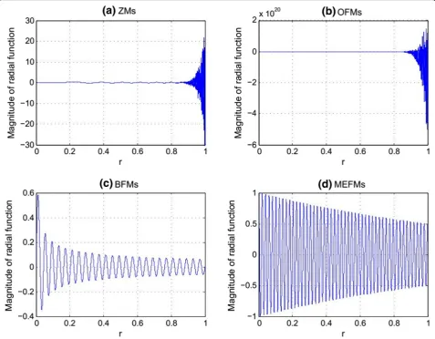 Fig. 3 a–d Radial polynomials of the ZMs, OFMs, BFMs, and MEFMs in higher-order moments
