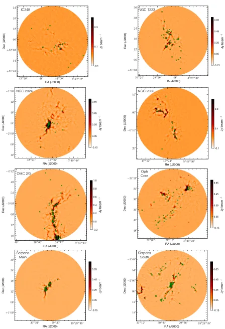 Fig. 1.— The SCUBA-2 850The marks show the location of Class 0, Class I, and ﬂat spectrum protostars, as identiﬁed and classiﬁed by Dunham et al