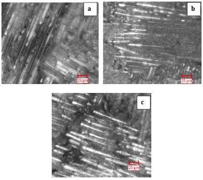 Fig. 6. Worn surface SEM photographs of 3SGE composite at load, (a) 30N, (b) 60N, (c) 90N 