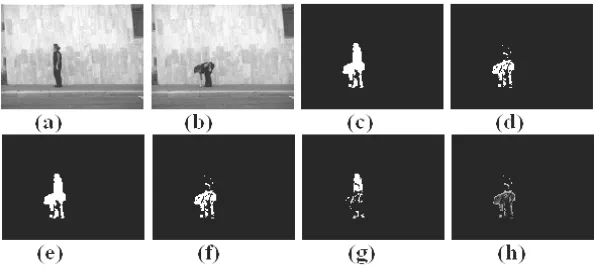 Figure 1. Lena walks in the scene and the extracted results. (a) First frame in the sequence