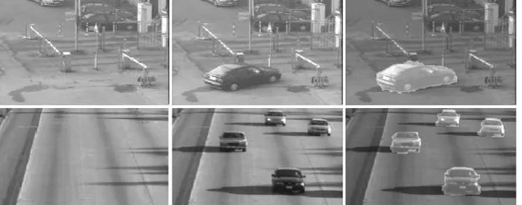 Figure 4. Detected foregrounds in outdoor circumstances. The first column is the first frame of the sequences, the second column is the current frames (69#, and 84#, from top to bottom, respectively), and the third column is the detected fore-ground masks with light grey pixels superimposed on the original image  
