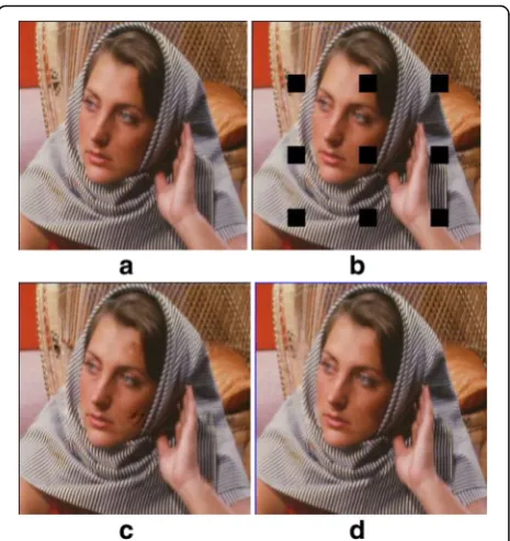 Fig. 7 Restoration of multiple missing blocks. a Original image. bMask. c Crinimisi. d Proposed method
