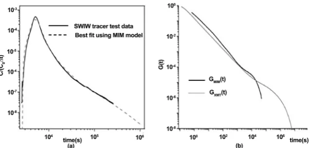 Figure 4. (a) Best fit of the SWIW tracer test BTC; (b) Memory function Gusing the XMT cross section S4 compared to the memory function (GXMT computed MIM) (Gouze et al., 2008)