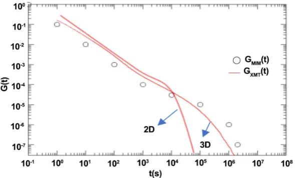 Figure 5. Memory function Gcompared to the memory function GMIM from the best fit of the SWIW tracer test BTC XMT computed using the XMT cross sub-volume (3D) and cross section (2D) in sample S94_1_1