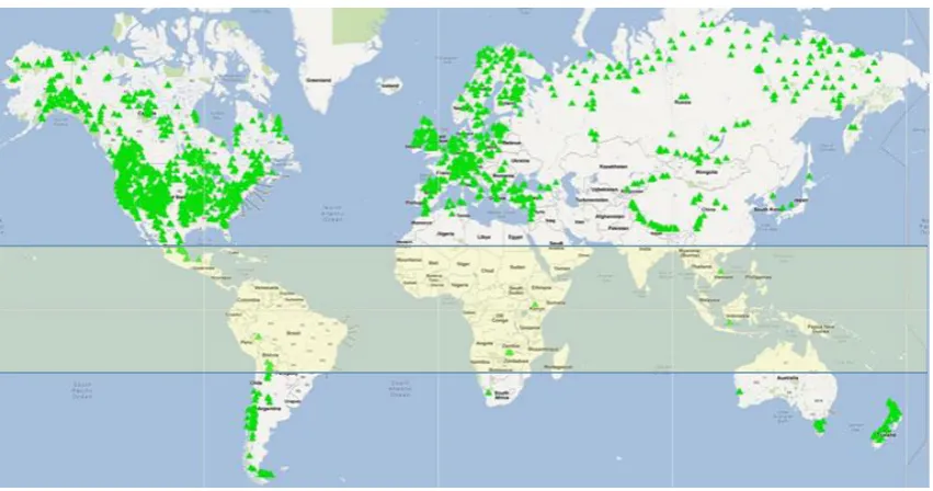Figure 1-4:  Visualisation showing the distribution of archived tree-ring chronologies around the world