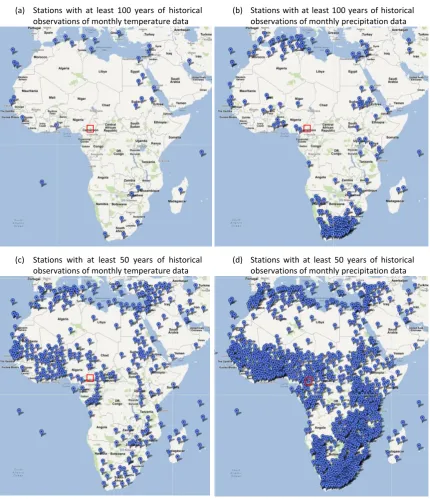 Figure 1-6:  Visualisations showing the locations of climate stations in Africa. General location of the field site as described in Chapter 3 and Chapter 4 is represented by the red squares