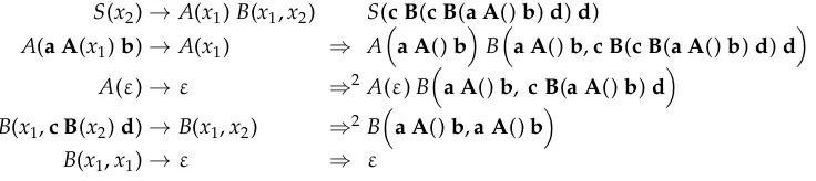 Figure 7 shows the derivation tree d, whose evaluation is the s-term φ(d) =c B(c B(a A() b) d) d that is derived by the sDCP of this Example.If a sDCP is such that the dependency graph for any derivation contains no cycles,