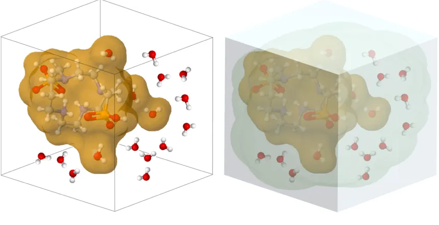 Figure 4 - user-defined distance. (right) Three-layered approach – an additional layer surrounds the MM region and molecules are treated with QM (centre) and the rest of the solvent system is represented by MM up to a (left) Two-layered approach to the QM/