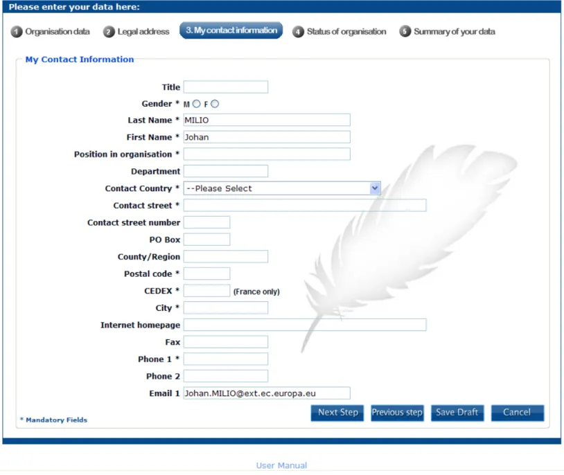 Figure 6: Self Registration – My Contact Information 