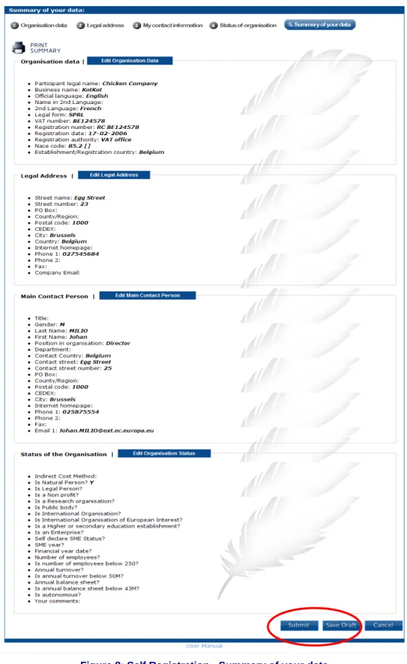 Figure 8: Self Registration - Summary of your data 