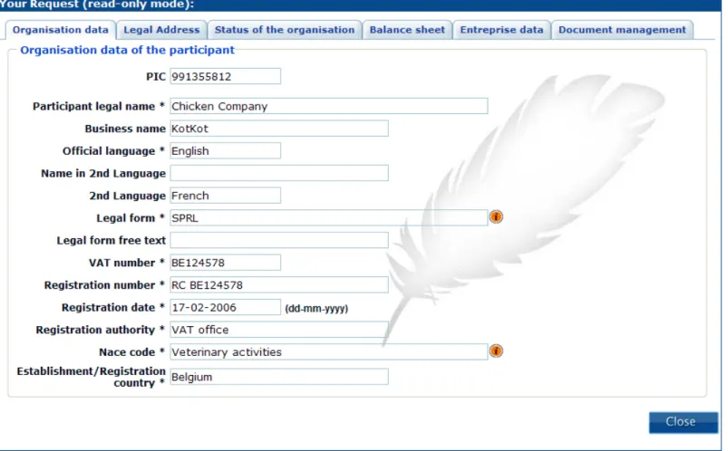 Figure 13: Self Registration - View data under validation (Organisation data) 