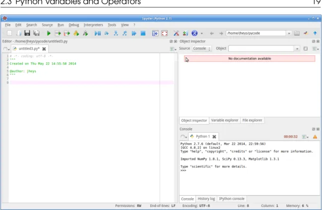 Figure 2.2: A screenshot of the Spyder IDE for Python programming including source code window on the left size, documentation window on the upper right side and Python console for rapid testing and executing the source code in the lower right side.