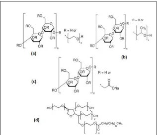 Figure 1: Schematic representation of chemical structures of (a) 2-hydroxyethylcellulose (HEC), (b) hydroxypropylcellulose (HPC), (c) carboxymethylcellulose (CMC), and (d) surfactants: Tween 20 and Tween 40