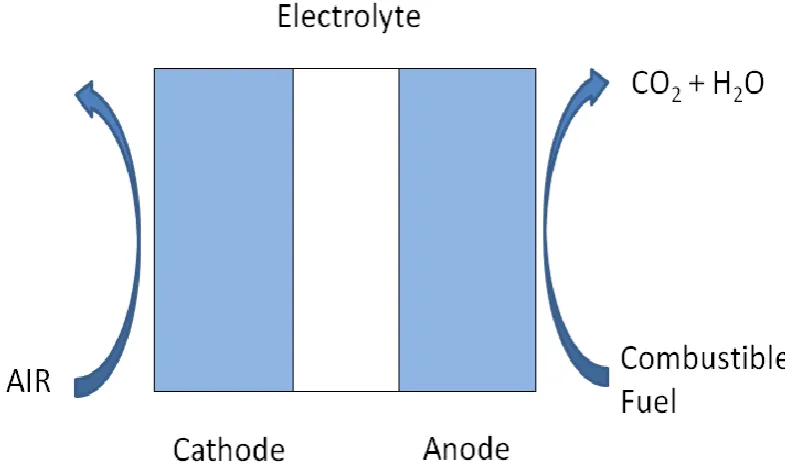 Figure 1 Schematic of the components of fuel cell: an electrolyte is sandwiched 