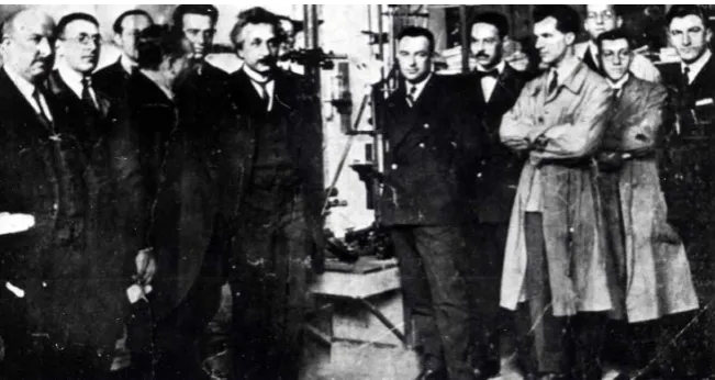 Figure 4. A. Einstein visits the laboratories in Madrid, Catalán is wearing a laboratory gown, the fourth from the right