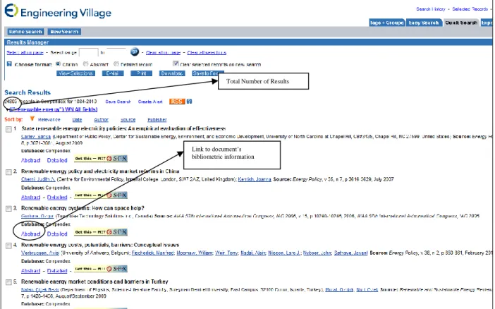 Figure 1: Screenshot of Results Page in Engineering Village. Highlighted within the figure are the locations in  the website where the total number of results are shown and a link to a document’s bibliometric information 
