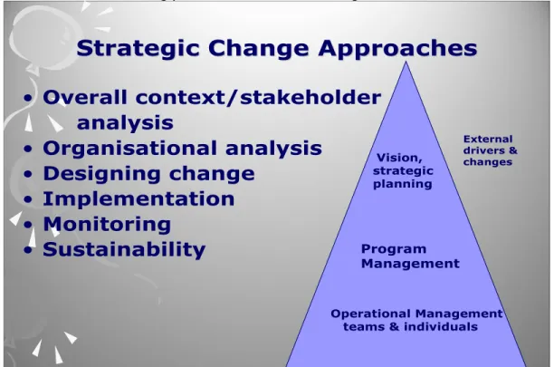 Figure  1  shows  further  detail  about  some  processes  and  aspects  involved  in  establishing  the  strategic  approach  within  a  particular  organisation,  which  in  broad  terms  involves  three  layers:  leaders  having  a  vision  and  doing  