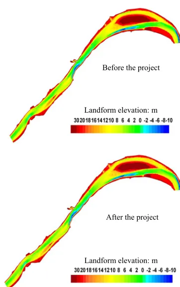 Figure 5. Comparison of landform of the engineering river reach after scouring and silting before and after the excava-tion of sand (2004)