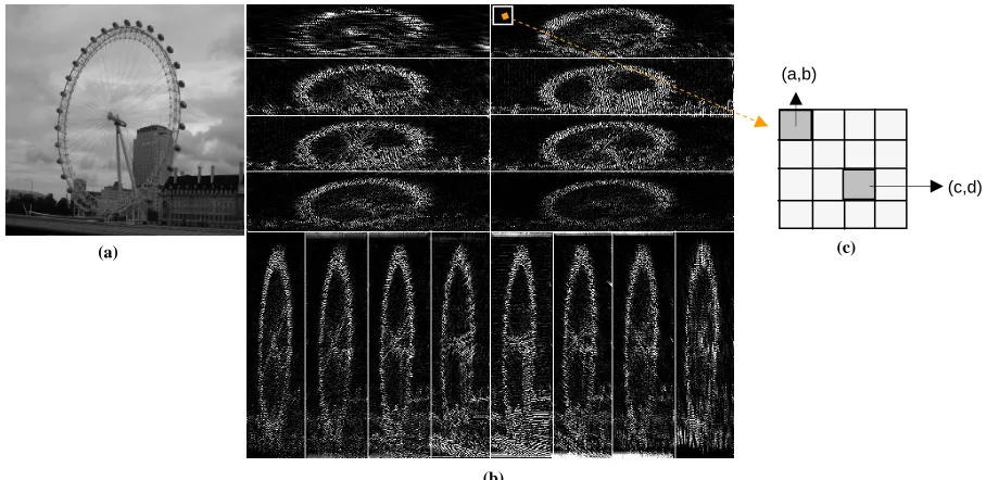 Figure 2. Embedding data in contourlet coefficients of an image, (a) Original input image, (b)Visualization of contourlet de-composition of an image into one pyramidal level and sixteen directional subbands, (c) A 4×4 block of contourlet coefficients 