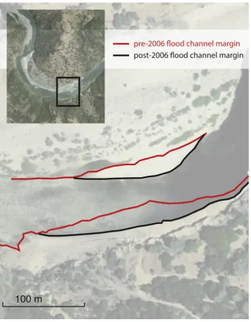Fig. 2. Channel migration at Rose Bar along the Yuba River from ~June 2005 (pre-2006 ﬂood channel margin) to ~June 2007 (post-2006 ﬂood channel margin), based on Google HistoricalImagery.