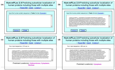 Figure 4. A semi-screenshot to show (a) the top page of the web-server Hum-mPLoc 2.0 at http://www.csbio.sjtu.edu.cn/bioinf/hum-multi-2/, (b) the input in FASTA format taken from the 1st query protein sequence in the Example window, (c) the output generate