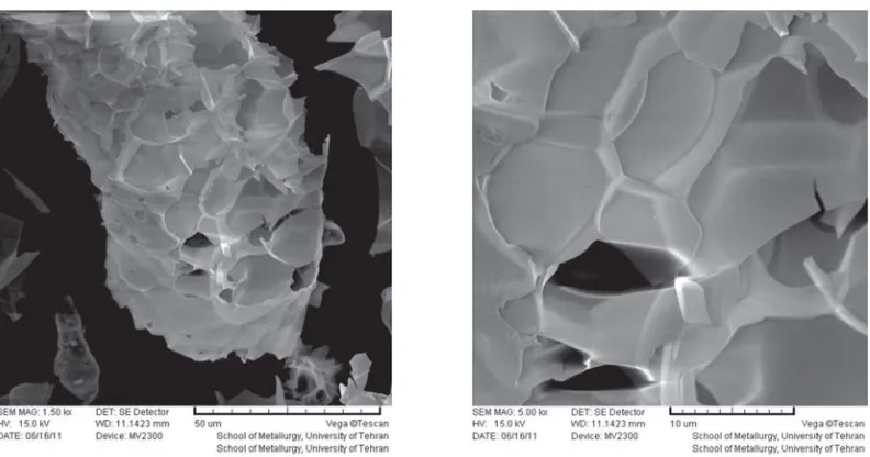 Fig. 2: The SEM images of Perlite used in all experimentswith to different magnification (1500 × (a); 5000 ×(b))