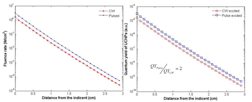 Figure 10. (a) Calculated fluence rates within tissue (with optical properties given in the text) under excitation by CW and pulsed 974 nm, respectively; (b) the corresponding QYs for the UCNPs (excited by CW and pulsed laser) as a function of depth