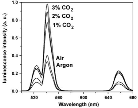 Figure 15. Upconversion luminescence spectra of the ammonia sensor tion wavelength 980 nm; spectra are normalized to the peak at 655 nm