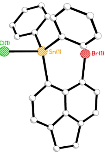 Figure 3.4 The crystal structure of 6-bromoacenaphth-5-yl-diphenyltin chloride 2 (hydrogen atoms omitted 