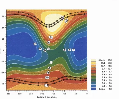 Figure 1.2: A shaded contour map of estimated surface field strength according to the Oe magnetic field model of Connerney (1991, 1993)