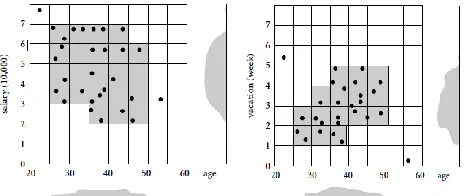 Fig 8: Dense units found with respect to age for the dimensions salary and vacation are intersected to provide a candidate search space for the dense units of higher dimensionality 