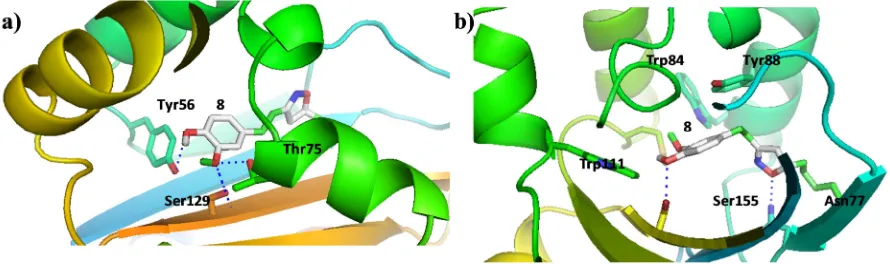 Figure 5. The docked pose of co-crystallized ligand a) HLC in the active site pocket of CviR protein, b) OHN in the active site pocket of LasR protein