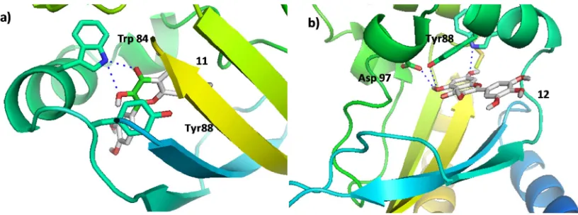 Figure 9. Molecular docking of pose of a) compound 11 and, b) compound 12 in the active site of CviR protein   